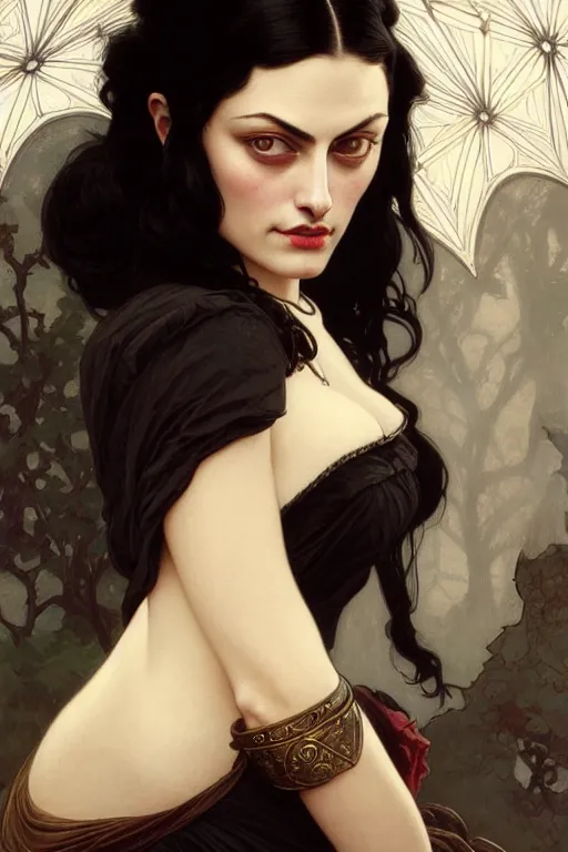 Prompt: Phoebe Tonkin dressed in Victorian fashion with black hair, D&D, fantasy, intricate, elegant, highly detailed, digital painting, artstation, concept art, matte, sharp focus, illustration, art by Artgerm and Greg Rutkowski and Alphonse Mucha