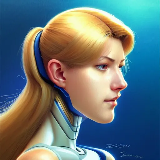 Image similar to head and shoulders portrait of Zero Suit Samus, semi realistic, digital illustration, fantasy, medium shot, intricate, elegant, highly detailed, digital painting, volumetric light, artstation, concept art, smooth, sharp focus, art by Sachin Teng and Gil Elvgren and Greg Manchess and Alphonse Mucha