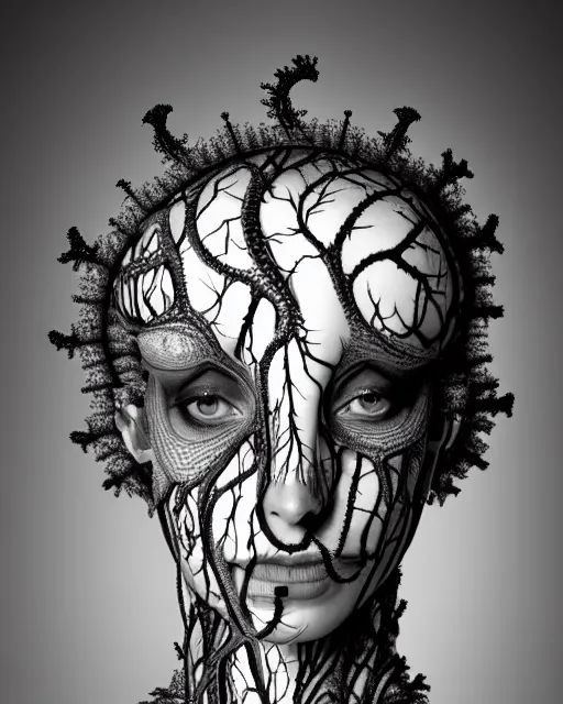 Prompt: a black and white high quality photo of a young beautiful female queen-vegetal-dragon-cyborg bust with a very long neck and Mandelbrot fractal face, Mandelbrot fractal skin, flesh, anatomical, facial muscles, veins, arteries, elegant, highly detailed, flesh highly baroque ornate, hair are wired cables, elegant, high fashion, rim light, octane render, in the style of Diane Arbus, Realistic, Refined, Digital Art, Highly Detailed, Cinematic Lighting, rim light, black and white, photo-realistic, 8K