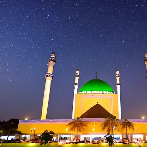 Prompt: abuja national mosque nigeria at night with the aurora sky