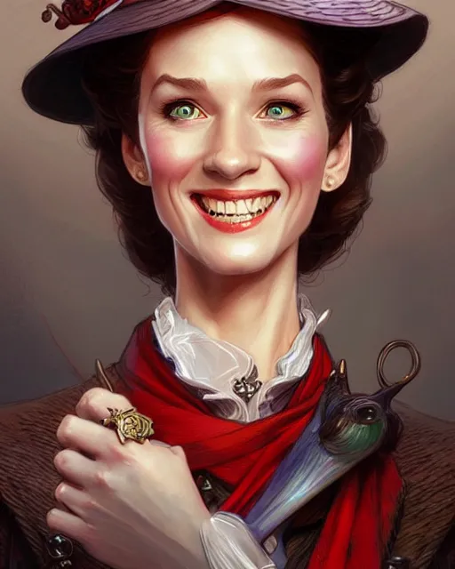 Image similar to Mary Poppins smiling and looking to the side, D&D, fantasy, intricate, elegant, highly detailed, digital painting, artstation, concept art, matte, sharp focus, illustration, hearthstone, art by Artgerm and Greg Rutkowski and Alphonse Mucha