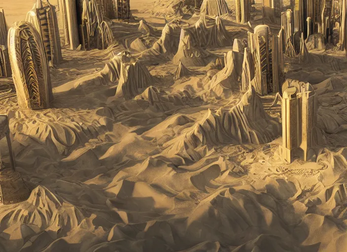 Image similar to cover concept art of the lost sand city, levitating sand, golden towers, golden pillars, palm trees, space and time, floating objects, post-processing, in the style of Hugh Ferriss, Behance, Artgerm. High detail, ultra realistic render, octane, 3D, photorealism, symmetric, cinematic from the academyumbrella