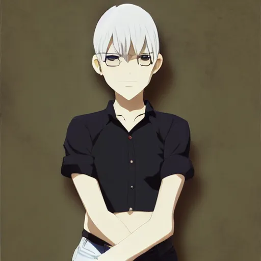 Prompt: girl with short white hair and bare shoulders, wearing black gloves and a white shirt, art by makoto shinkai