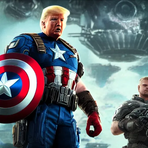 Image similar to portrait of donald trump as captain america in gears of war, splash art, maga, patriot, movie still, cinematic lighting, dramatic, glowing, ray tracing, octane render, long lens, shallow depth of field, bokeh, anamorphic lens flare, 8 k, hyper detailed, 3 5 mm film grain