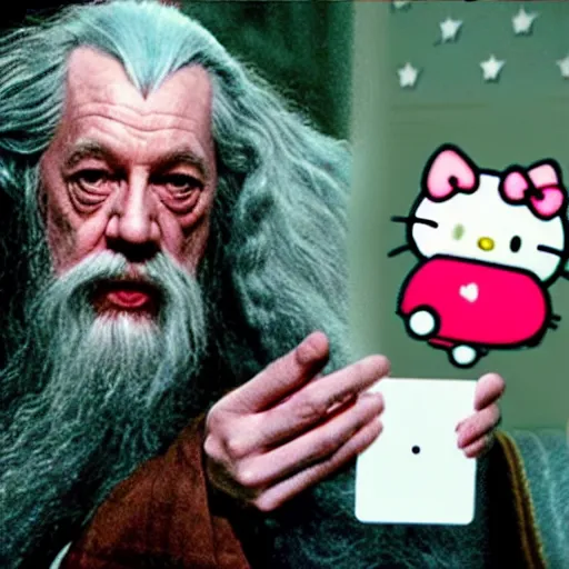 Image similar to portrait of gandalf as Hello Kitty, holding a blank playing card up to the camera, movie still from the lord of the rings