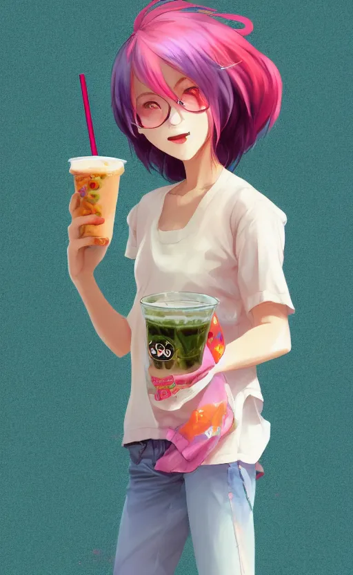 Prompt: a kawaii woman with rainbow hair, happy, summer time, holding boba tea drink, soft eyes and narrow chin, dainty figure, long hair straight down, kawaii shirt and jeans, basic white background, In style of by Jordan Grimmer and greg rutkowski, crisp lines and color