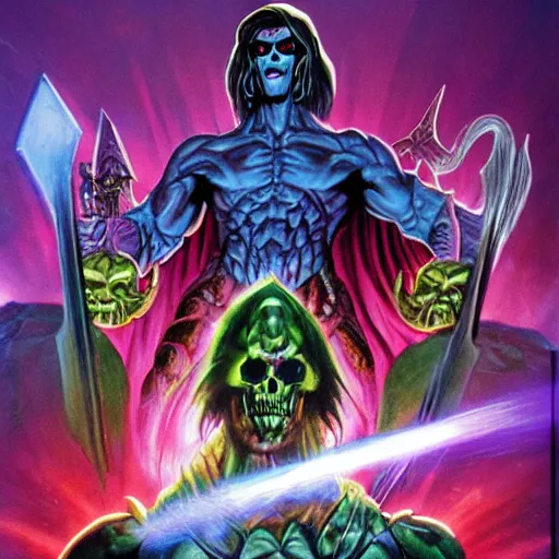Prompt: masters of the universe, skeletor destroying sacred rainbow gates covered in illuminated Hebrew hieroglyphics