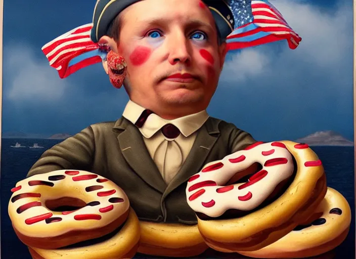 Prompt: american captain made of donuts, lowbrow, matte painting, 3 - d highly detailed, in the style of mark ryden,