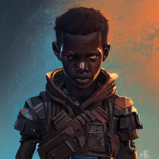 Image similar to a dark and ominous african child soldier with glowing eyes and a half robot face, Apex Legends character digital illustration portrait design, by android jones and greg rutkowski in a cyberpunk voodoo style, detailed, cinematic lighting, wide angle action dynamic portrait