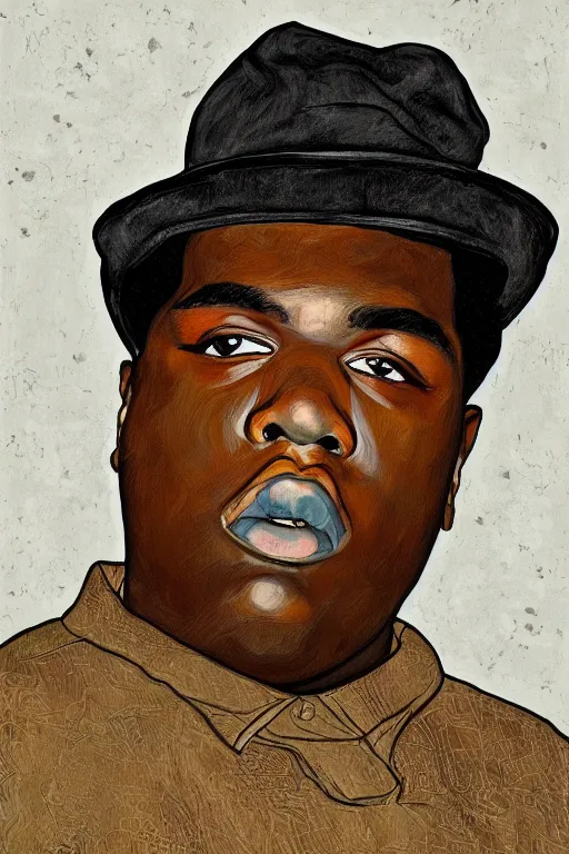 Image similar to a portrait of biggie smalls in style of egon schiele, masterpiece, hyperdetailed, complex, intricate, old school, 9 0 s, notorious b. i. g. style, 4 k, trending on artstation