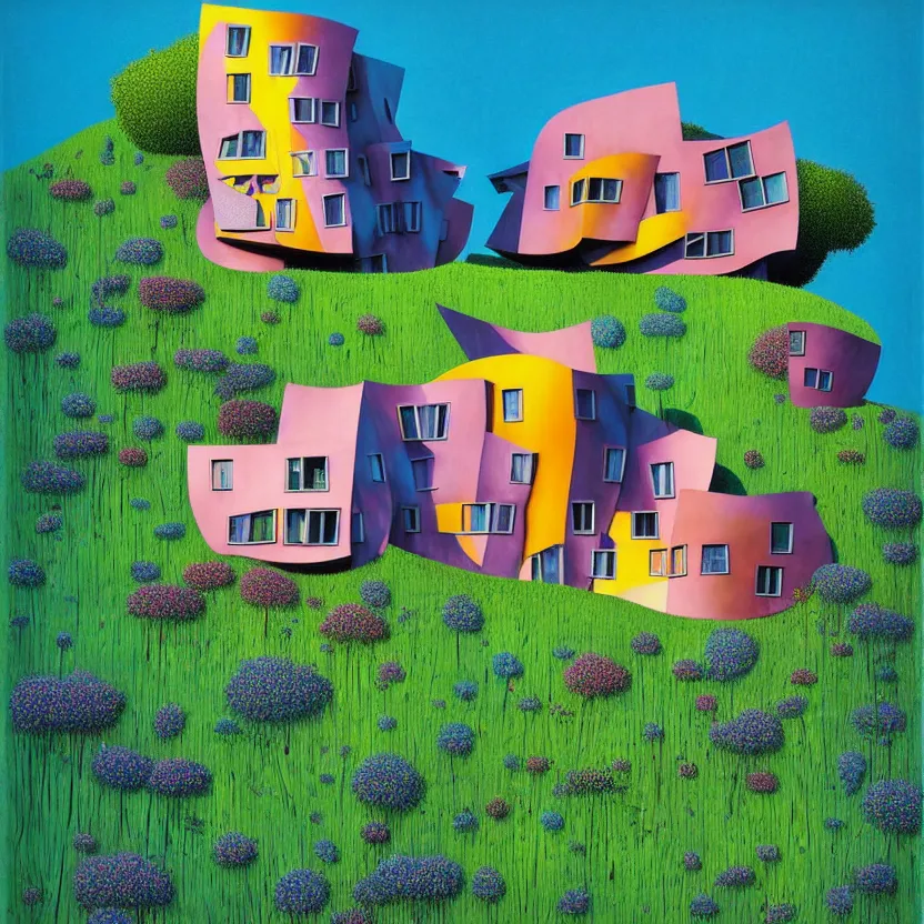 Image similar to surreal glimpse into other universe, a house by frank gehry on an island, summer morning, very coherent and colorful high contrast, art by!!!! gediminas pranckevicius!!!!, geof darrow, floralpunk screen printing woodblock, dark shadows, hard lighting, stipple brush technique,