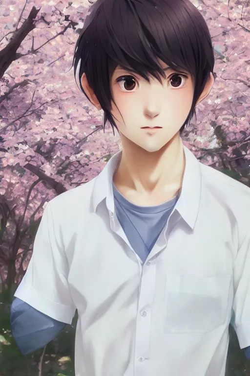 Image similar to a beautiful charming and dreamlike japanese boy in white shirt, sakura background, character art, art by makoto shinkai, artgerm lau and kyoung hwan kim and and ilya kuvshinov and john singer sargent, hyperdetailed, 8 k realistic, symmetrical, frostbite 3 engine, cryengine, dof, trending on artstation, digital art