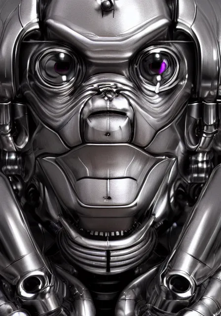 Image similar to potrait hyper detail portrait of a mechanical ape cyborg, silver, sci fi, full body, complex 3 d render, art by kazuhiko nakamura and hajime sorayama, 8 k octane detailed render, post - processing, dramatic studio lighting, extremely hyperdetailed, intricate futuristic mechanic parts, sharp focus, blender, masterpiece, trending on artstation