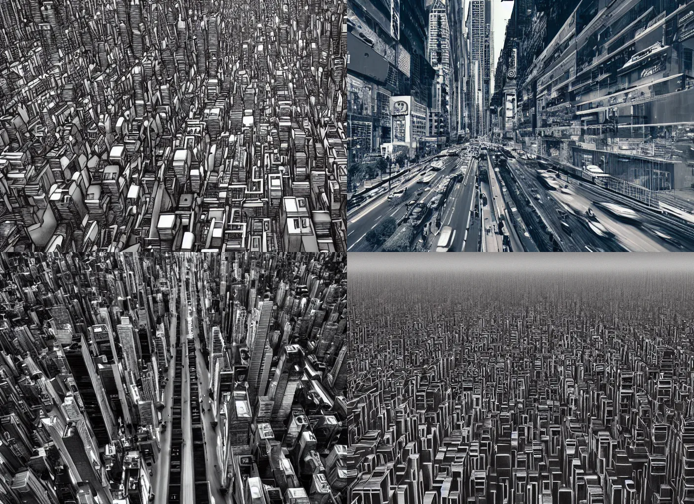 Prompt: a view of a surreal mega city from the pov of a pedestrian