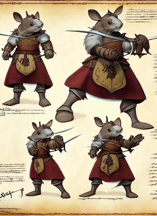 Prompt: character design sheet for a heroic mouse knight with sword and shield on a parchment background, redwall, greg rutowski and jean baptiste monge, detailed, epic fantasy concept art