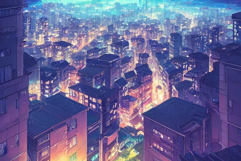 Image similar to a view of a city at night from a hill, vibes, cozy, by wlop, poster, anime key visual, high details