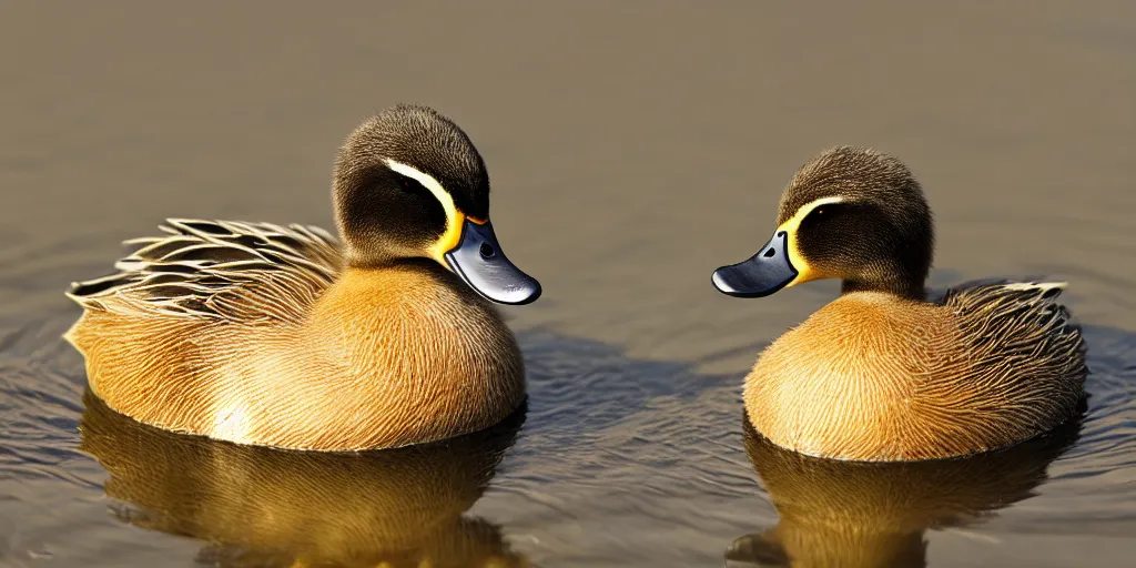 Image similar to A cute duck, realistic, close up, ambient lighting, ultra high detail.