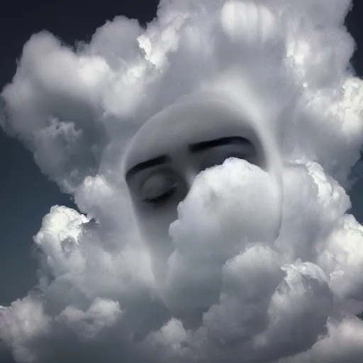 Prompt: the clouds in the sky take the shape of a woman face made of puffy clouds storm photoreal octane grey