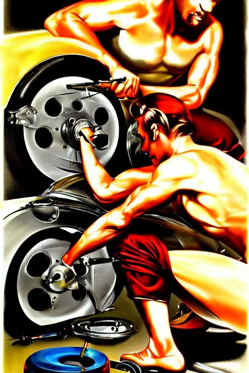 Image similar to muscular mechanic fixing a car engine painting by rolf armstrong, cool colors,