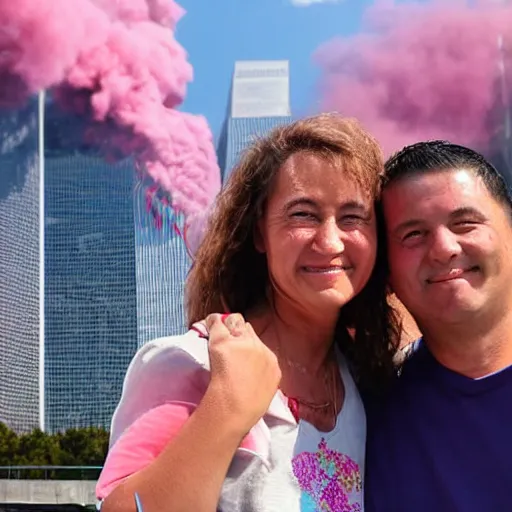 Image similar to a close up of a smiling couple of parents to be, in front of 9 / 1 1 with pink smoke