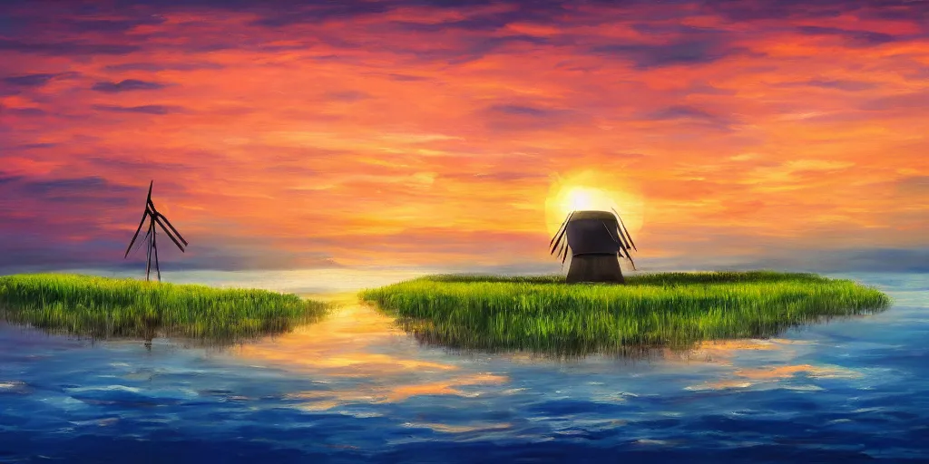 Image similar to Beautiful painting of a pretty sunset with a floating island floating high in the sky, a windmill on top of the floating island, 4k, art station