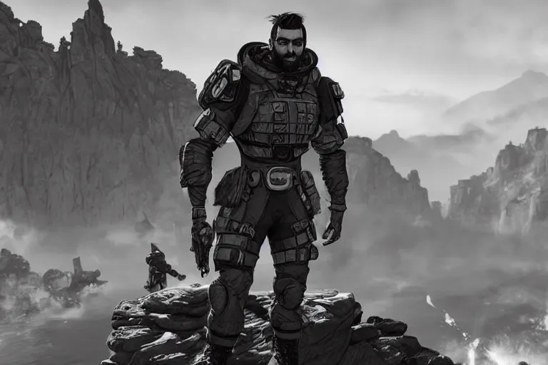 Image similar to gigachad in apex legends, ingame screenshot, black and white, high detail