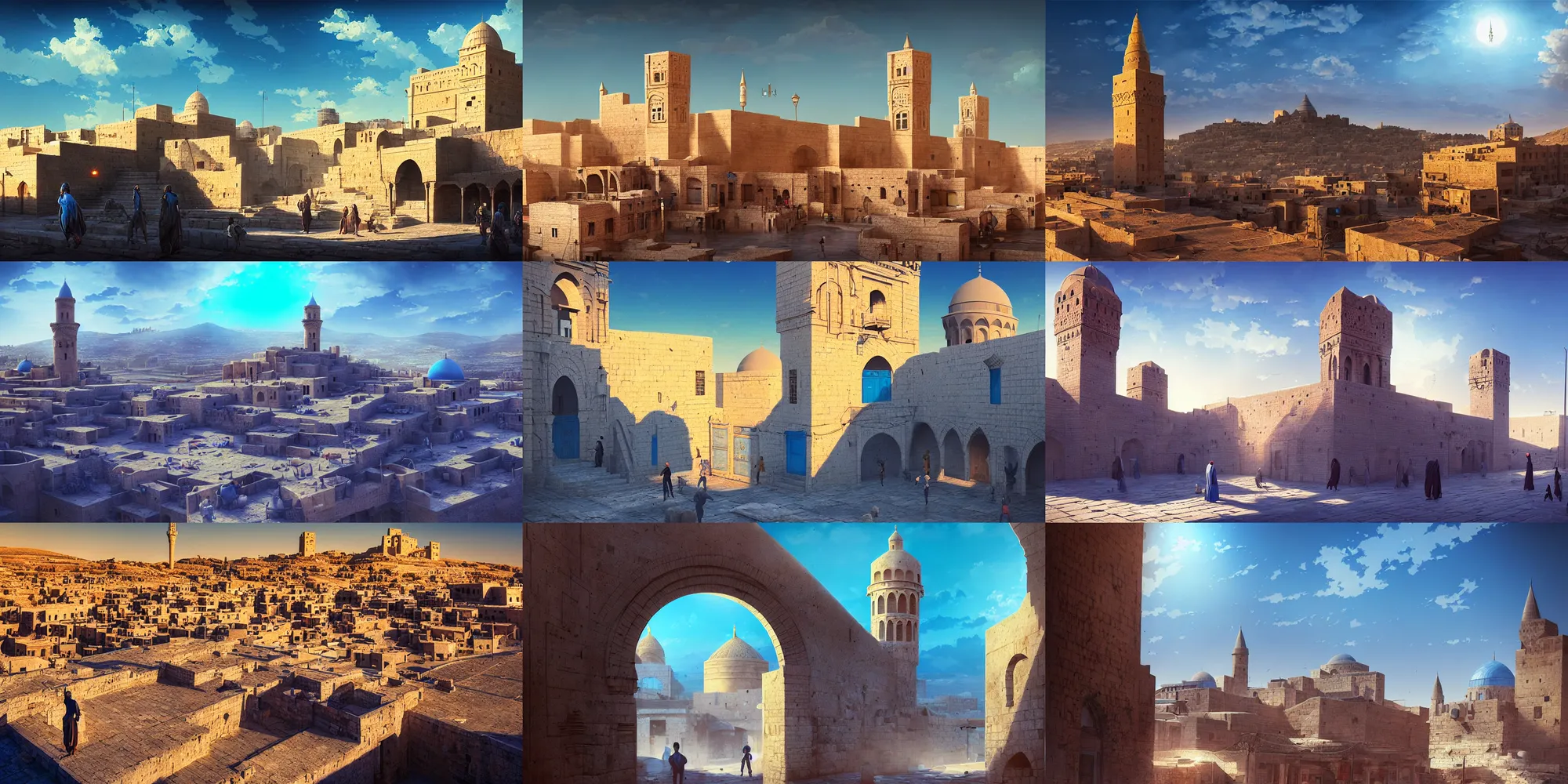 Prompt: artstation scene, citadel of erbil, old town mardin, kurdistan, bright blue sky, light bloom, atmospheric, ultrawide angle, cinematic composition, detailed textures, art by jordan grimmer, sparth