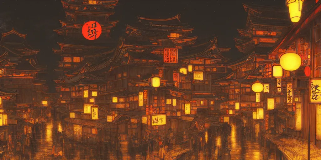 Prompt: feudal japan tokyo street at night, street level, cinematic lighting, 4k, trending on artstation, lots of lights, lots of signs, intricate illustration, digital art, ultra detailed, art by albert bierstadt