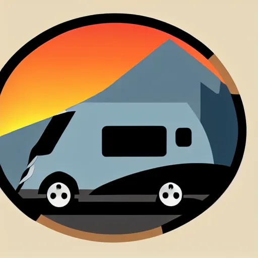 Image similar to very very very stylized minimal vector graphic of a thor chateau motorhome, hills and sunset!!, white background, all enclosed in a circle, dramatic, professional minimal graphic design cartoon