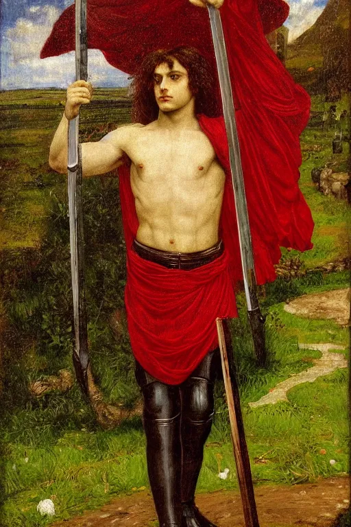 Prompt: frameless painting of a knight holding up his sword, countryside, rainy weather, beautiful oil painting on canvas, 1 8 5 0, pre raphaelites, in the style of dante gabriele rossetti,