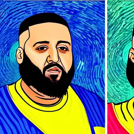 Image similar to ultra realistic portrait of dj khaled in a studio, ultra detailed, under blue, red and yellow cinematic lighting, by van gogh, cartoon