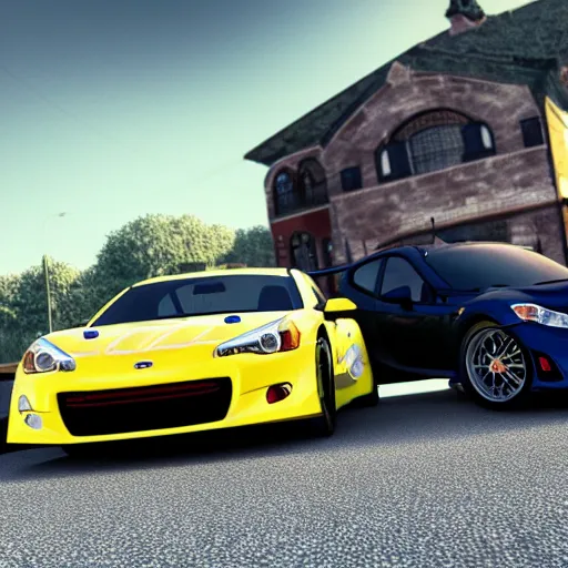 Prompt: An Evo 10 car and a BRZ car kissing, Pixar Cars movie style, 3D render, beautiful lighting, the cars have faces, extremely detailed, HDR, 4K, 8K