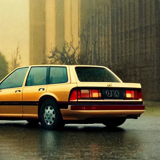 Image similar to 1990s perfect 8K HD professional cinematic photo of a car in dystopian world, at evening during rain, at instagram, Behance, Adobe Lightroom, with instagram filters, depth of field, taken with polaroid kodak portra