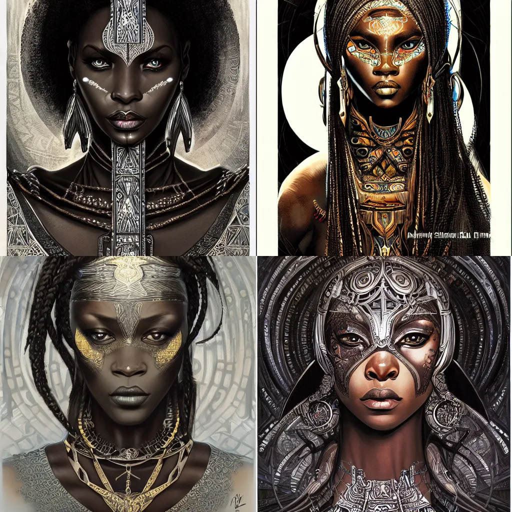 Prompt: black african princess, rutkowski, symmetric, intricate, highly detailed, concept art, sharp focus, illustration, rutkowski, mucha, aleksi briclot, giger