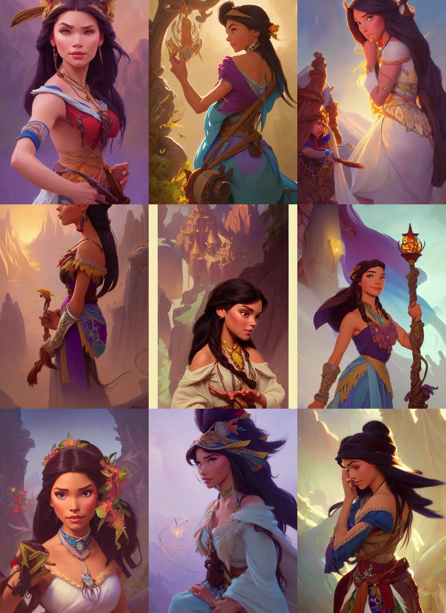 Prompt: characters from disney's encanto mixed with pocahontas, d & d, fantasy, intricate, elegant, highly detailed, digital painting, artstation, concept art, matte, sharp focus, illustration, hearthstone, art by artgerm and greg rutkowski and alphonse mucha