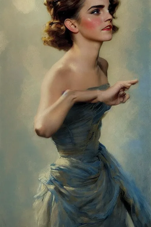 Image similar to detailed portrait of a beautiful emma watson 1 9 5 0 s hairstyle muscular, painting by gaston bussiere, craig mullins, j. c. leyendecker