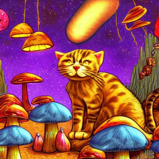 Image similar to cat in an alien planet full of mushrooms, fantasy, vivid colors