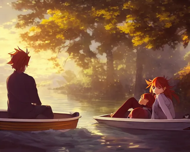 Image similar to a boy and a girl with long flowing auburn hair sitting together in a boat. Atmospheric lighting, long shot, romantic, boy and girl are the focus, trees, blue water. Anime. By Makoto Shinkai, Stanley Artgerm Lau, WLOP, Rossdraws, James Jean, Andrei Riabovitchev, Marc Simonetti, krenz cushart, Sakimichan, D&D trending on ArtStation, digital art.