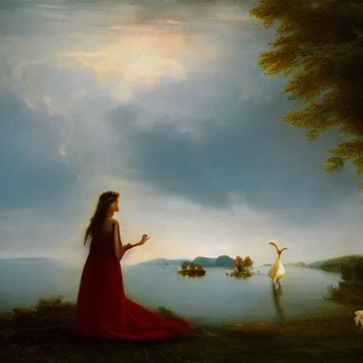 Prompt: a beautiful girl with a beautiful face wearing white dress, a dog, john martin landscape, lake, evening