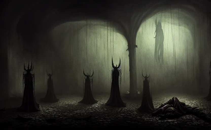 Image similar to an extremely detailed masterpiece of nightmares'and horror, inspired by remedios varo, digital art, dark moody lighting, apocalyptic, epic scene, extremely moody lighting, glowing light and shadow, 4 k