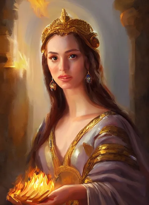 Image similar to Portrait of a beautiful priestess from the oracle of Delphi, looking into the flames, greek mythology, in the style of Julia Ustinovich, digital art, Vladimir Volegov