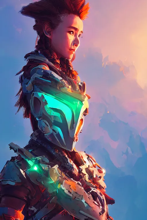 Image similar to combination suit armor aloy horizon forbidden west horizon zero dawn radiating a glowing aura global illumination ray tracing hdr fanart arstation by ian pesty and alena aenami artworks in 4 k tribal robot ninja mask helmet backpack