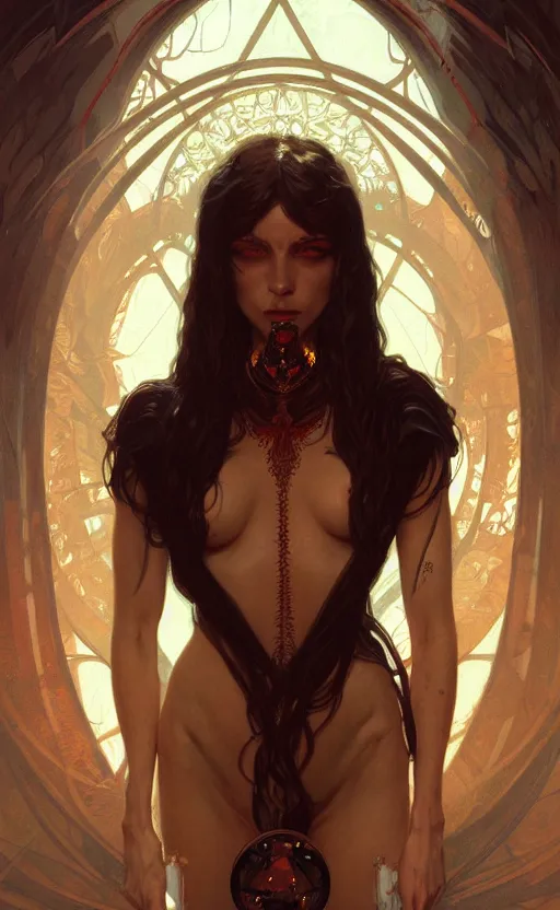 Image similar to a portrait of a devil woman, concept art, deep focus, intricate, highly detailed, digital painting, artstation, matte, sharp focus, illustration, art by greg rutkowski and alphonse mucha