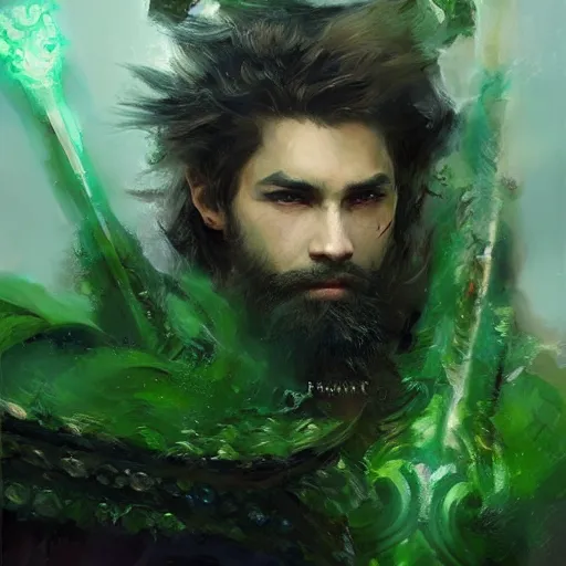 Image similar to A portrait of a fighter with short hazel hair and a beard, dual wielding two magical swords, wearing green dragon armor and a cloak made of cheetah, fantasy, digital art by Ruan Jia, Donglu Yu