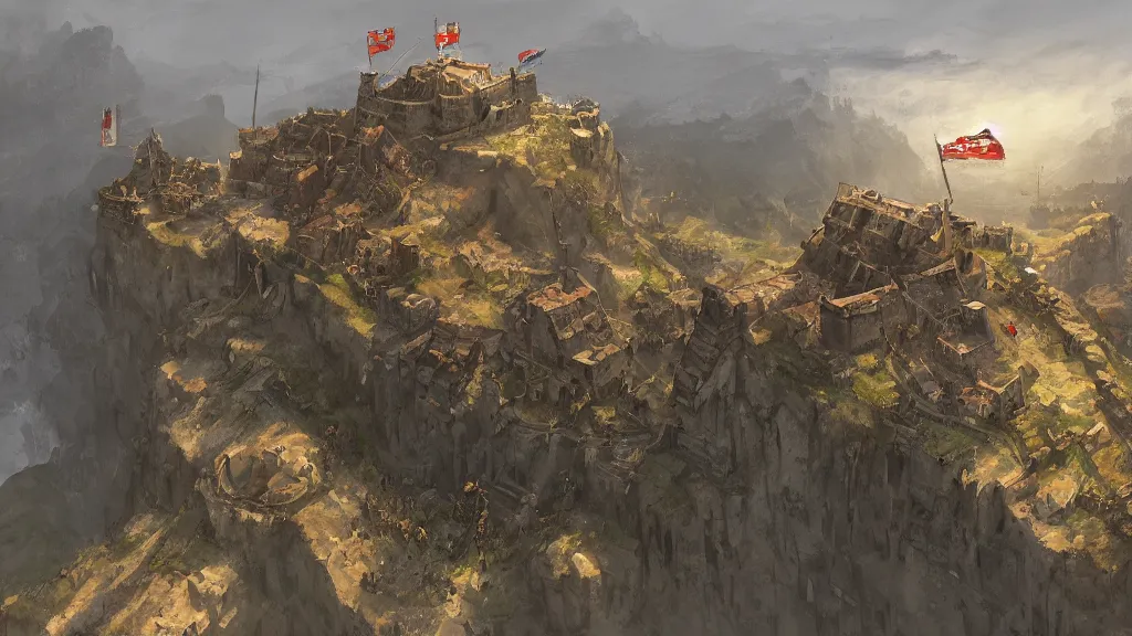 Prompt: top down view of fortified mountain bastion with flag banners, papyrus, watercolored, jakub rozalski, dark colours, dishonored, artstation