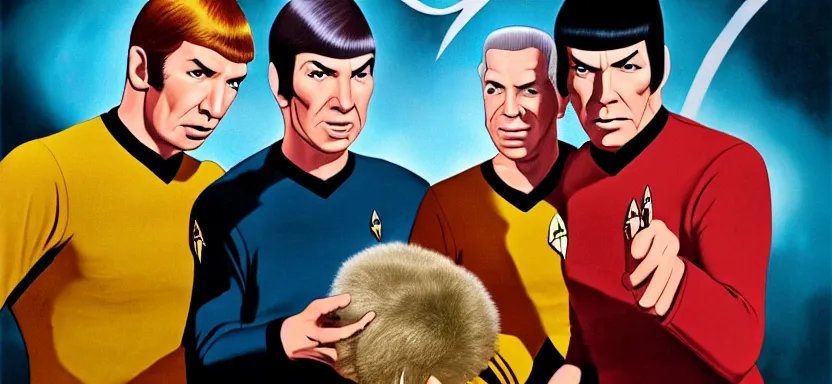 Image similar to captain kirk and spock with tribbles by juan ortiz 8k,