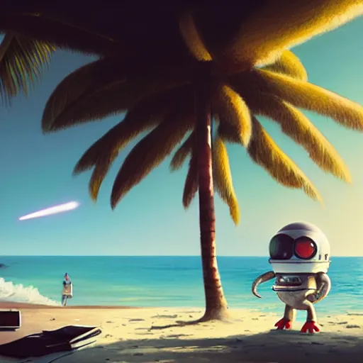 Prompt: A kerbal kerbal Kerbal relaxes on a beach resort as a missile flies towards the house behind him, 3D render, artstation, painting by greg rutkowski