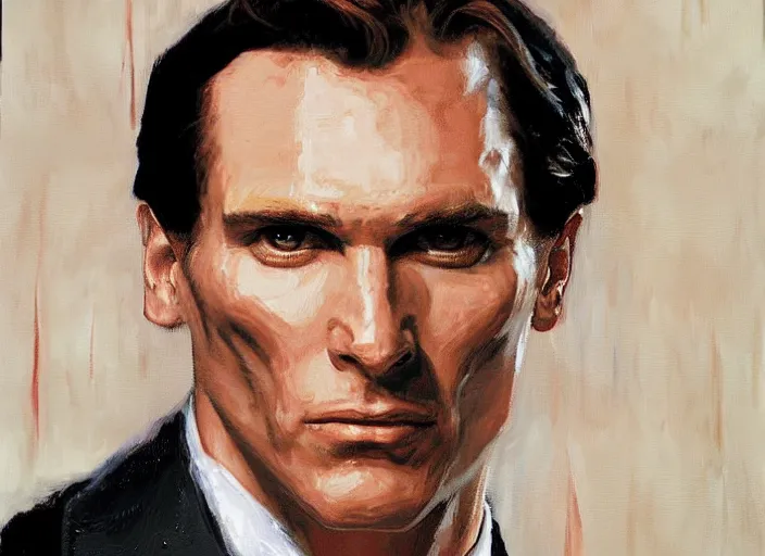 Image similar to a highly detailed unsettling portrait of american psycho patrick bateman, by gregory manchess, james gurney, james jean