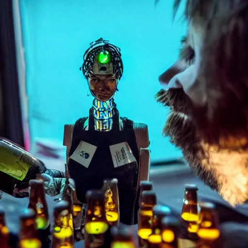 Prompt: a photo portrait of hobo creating a robogirl from the empty beer bottles and cardboard boxes. symmetry, awesome exposition, very detailed, highly accurate, professional lighting diffracted lightrays, 8 k, sense of awe