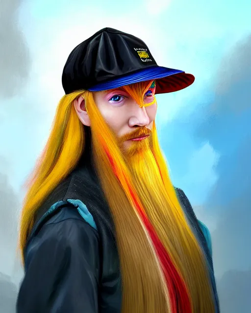 Prompt: colorful painting of a man with long blonde hair and a propeller hat, matte painting, trending on art station, ultra - detailed, hq